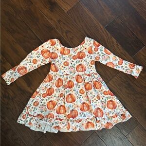 Girls Pumpkin Print Long Sleeve Dress - Orange & Cream